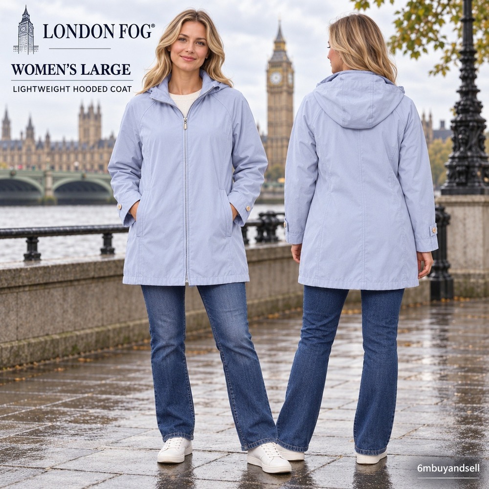 London Fog Womens Large Light Blue Lightweight Hooded Full Zip Jacket Coat